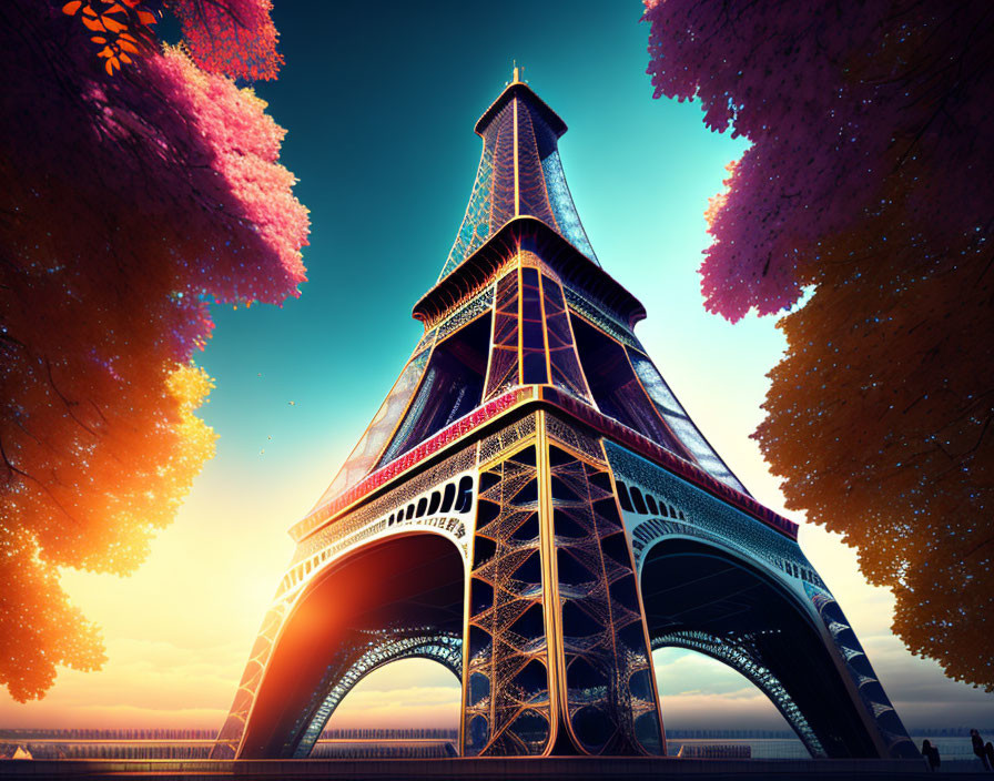 Vibrant Eiffel Tower painting with autumn trees and sunset sky