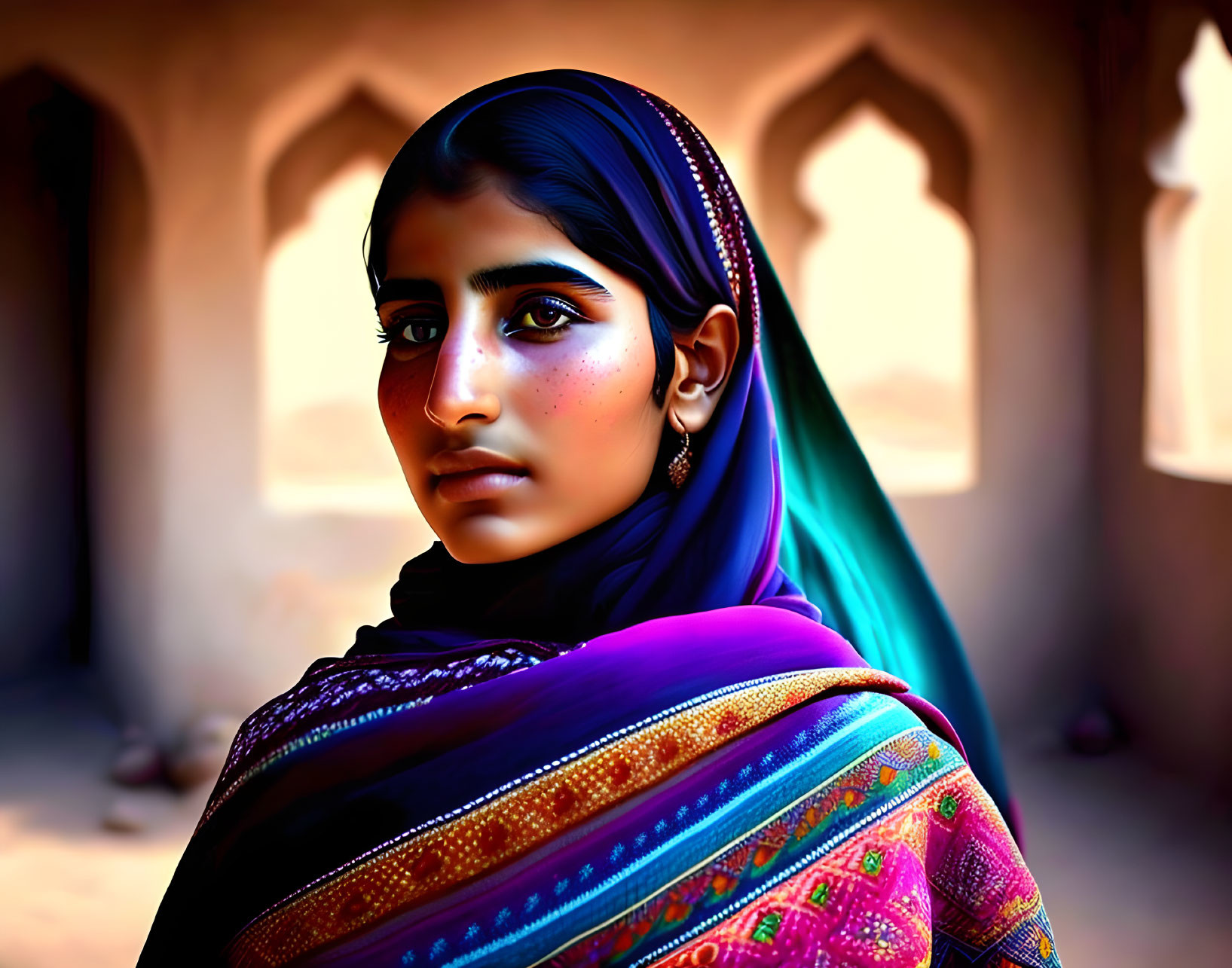 Dark-haired young woman in South Asian attire with colorful scarf and striking eyes, standing in front of ar