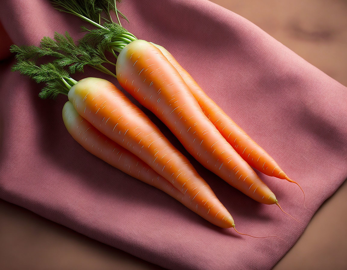 Fresh Carrots with Green Tops on Maroon Fabric Surface