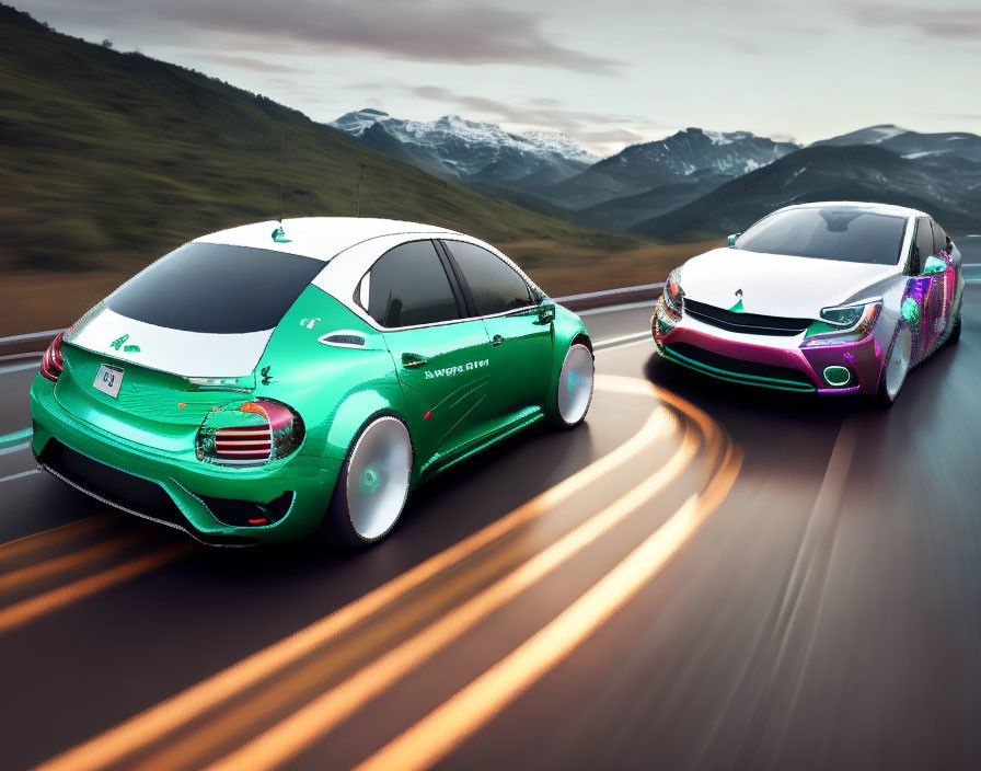 Futuristic electric cars racing on highway with motion blur against mountainous backdrop