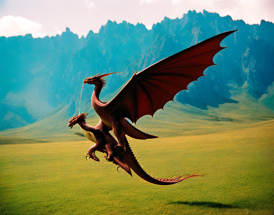 Red dragon soaring over green plain with mountains.