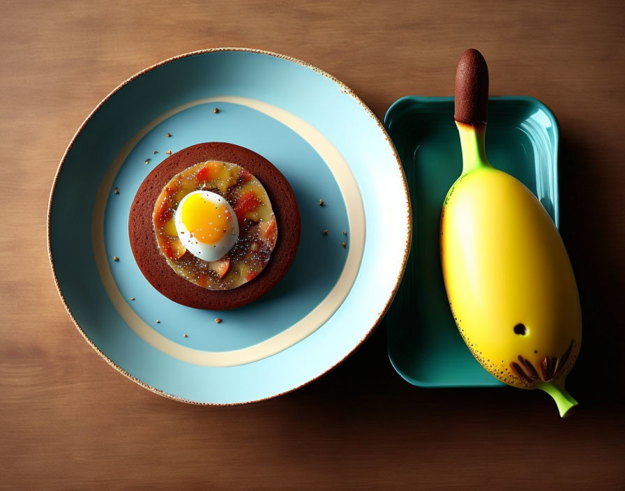 Circular Plate Dessert Resembles Sunny-Side-Up Egg, Banana-Shaped Pastry on Te