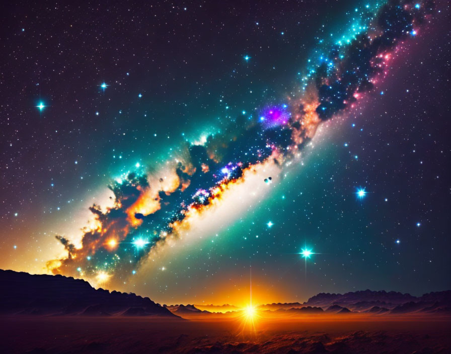 Colorful Galactic View Above Desert Landscape at Sunrise