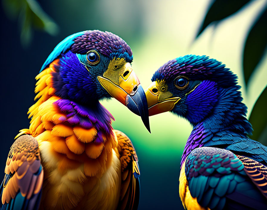 Colorful lorikeets with blue, yellow, and purple feathers on green background