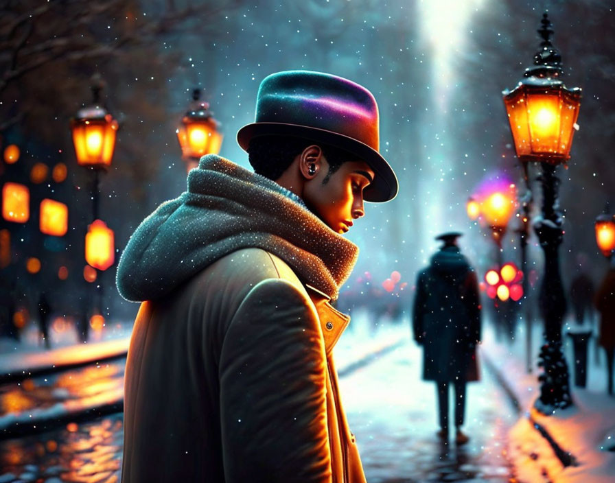 Person in Bowler Hat Contemplating Snowy Street Lamps