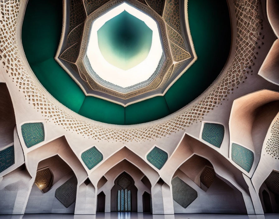 Modern Mosque Interior with Symmetrical Design and Geometric Patterns