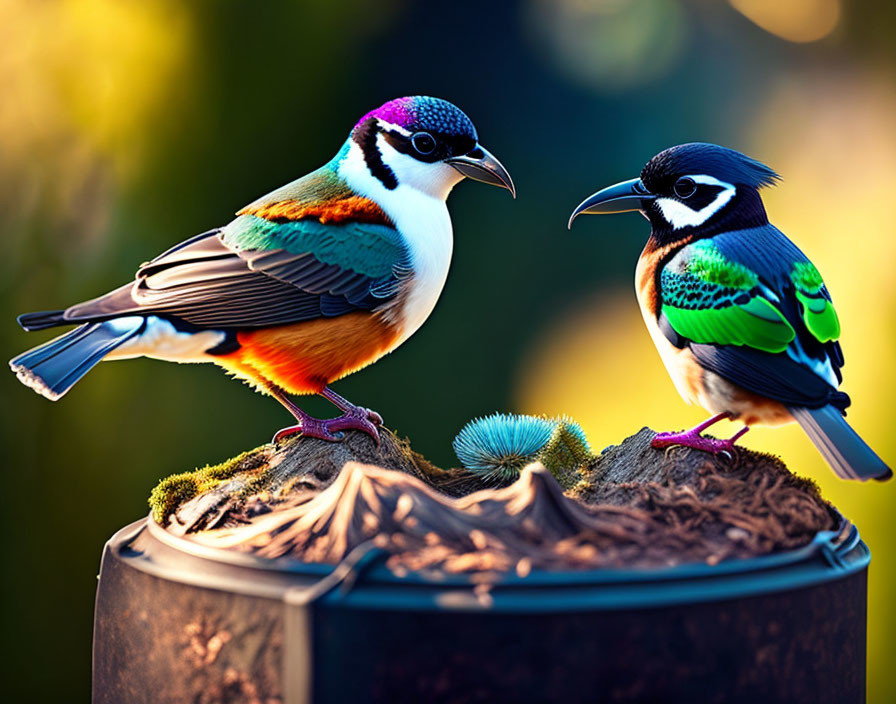 Colorful Birds Perched on Moss-Covered Ground with Blurred Background