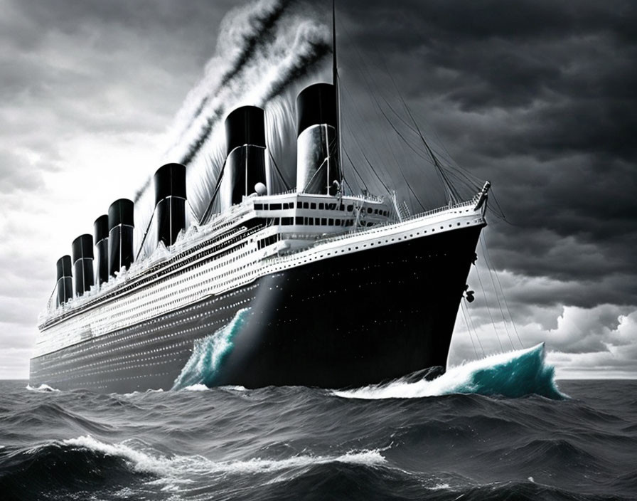 Monochrome ocean liner with multiple funnels in stormy sea