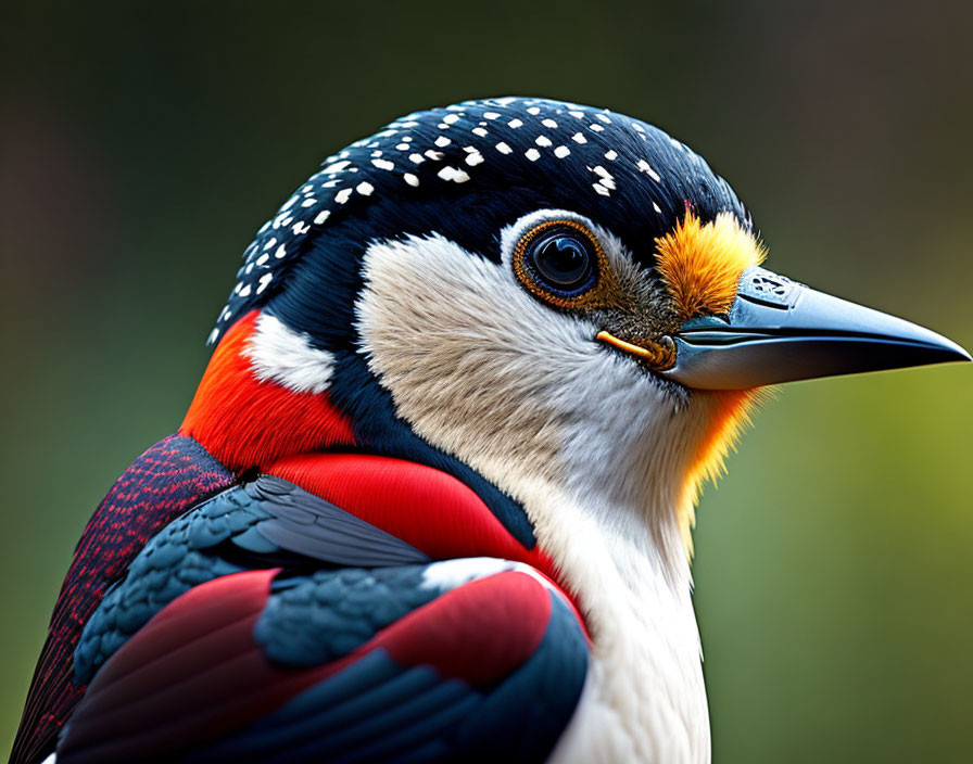 Colorful bird with black-beaked head and vibrant plumage.