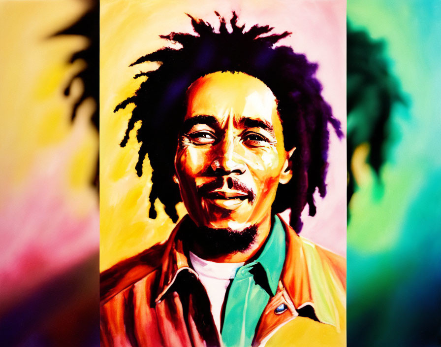 Colorful abstract painting featuring person with dreadlocks