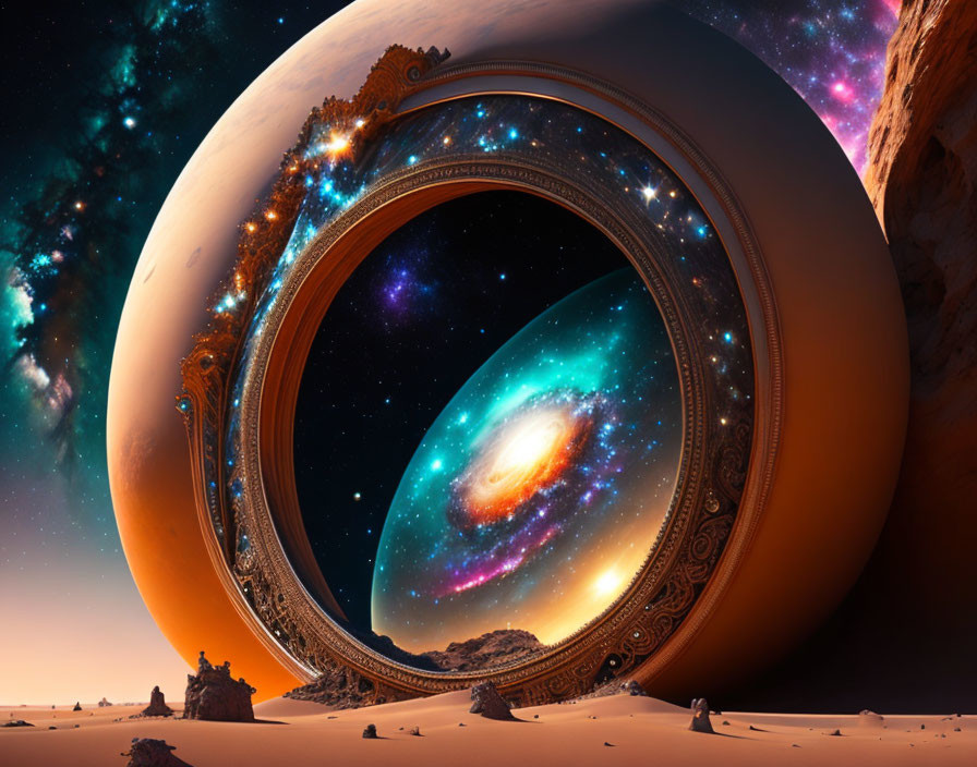 Ornate circular portal overlooking galaxy in surreal desert landscape