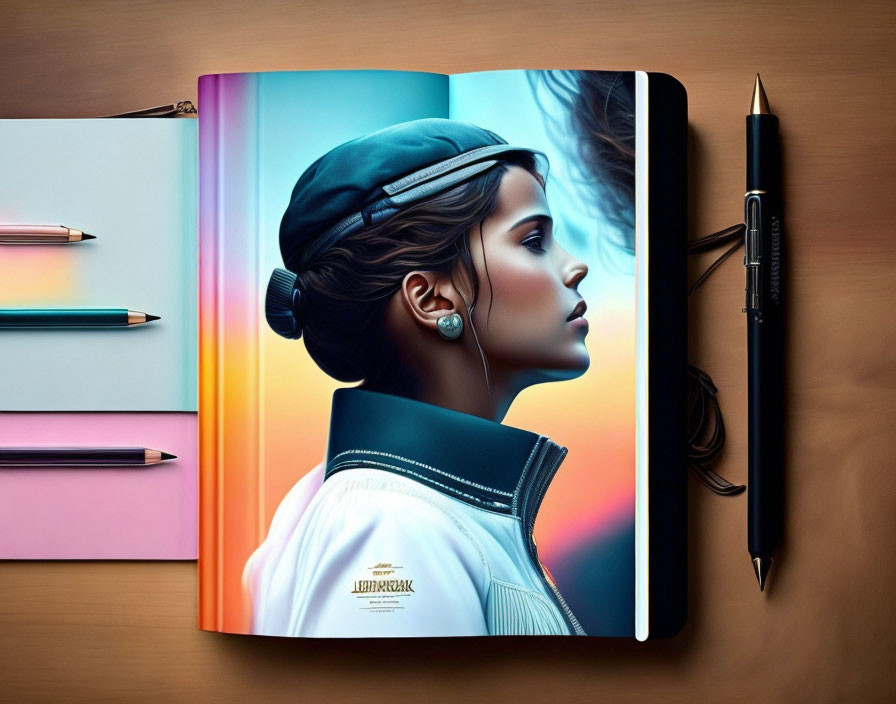 Realistic artwork of woman with headphones on notebook and colored pencils on wooden surface