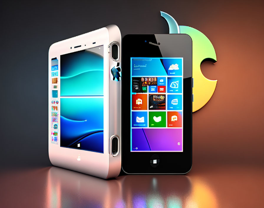 Smartphones with Windows-like and Windows Phone interfaces merged on gradient background with apple silhouette