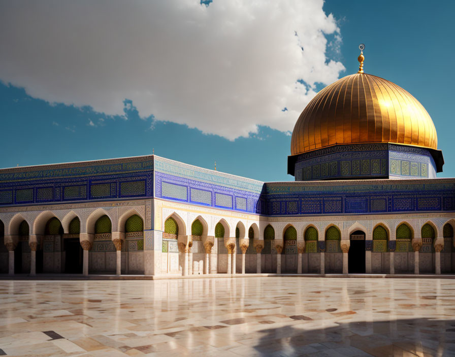 Golden Dome Mosque with Blue Tiled Walls and Polished Courtyard