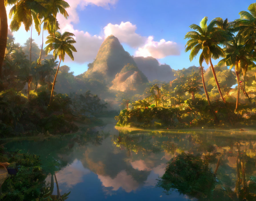 Tranquil tropical landscape with palm trees, serene lake, and majestic mountain.