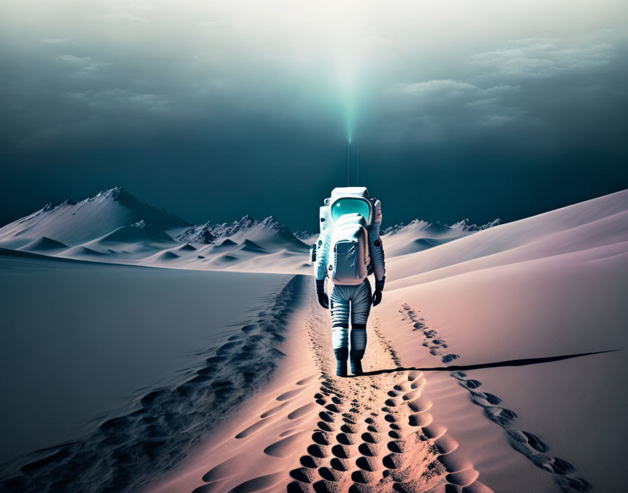 Astronaut with Helmet Beam on Sandy Surface with Mountains