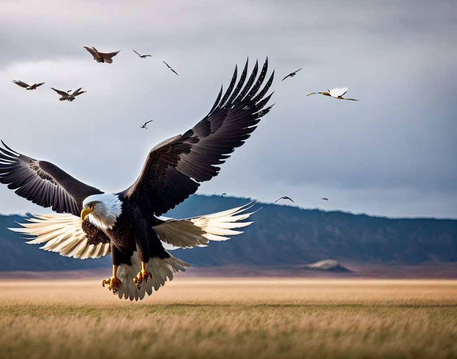 Majestic bald eagle soaring with multiple birds in vast landscape