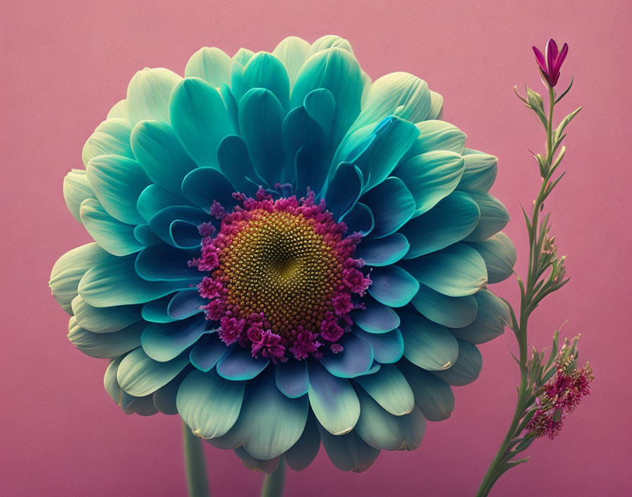 Colorful Dahlia Flower with Pink Center on Pink Background and Stems