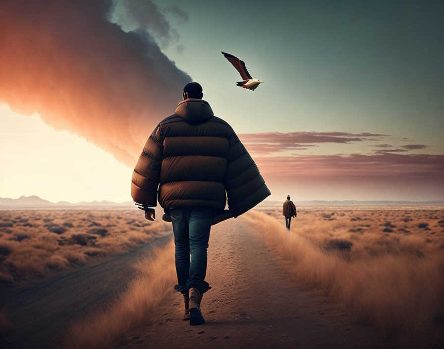 Two figures on desert road with bird and distant smoke cloud