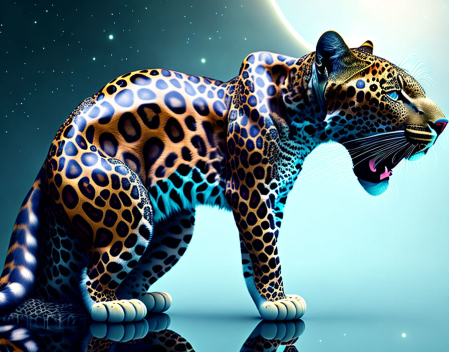 Vibrant blue leopard art against night sky with moon