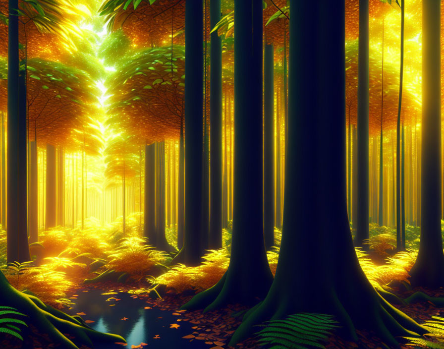 Lush forest with sunlight filtering through tall trees