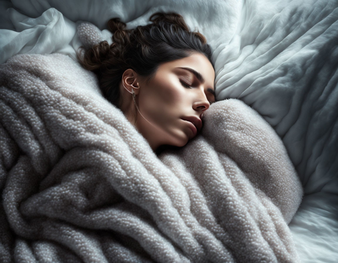 Woman Sleeping Peacefully in Grey Blanket on Blue Bed Sheets