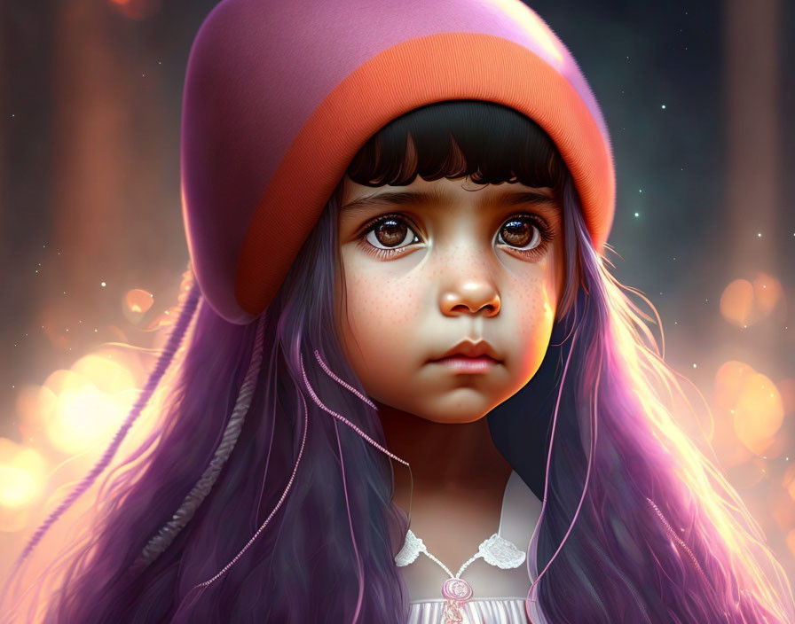 Young girl portrait with expressive eyes and purple beanie, purple hair, and bokeh background.