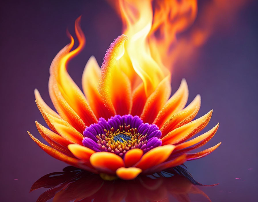 Vivid Purple and Orange Flower Petals Resemble Flames on Purple Background