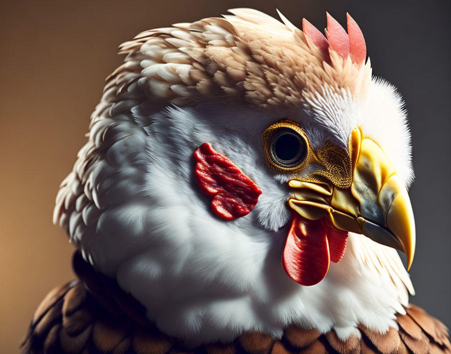 Detailed close-up of chicken with red comb, wattles, feathers, and golden beak.