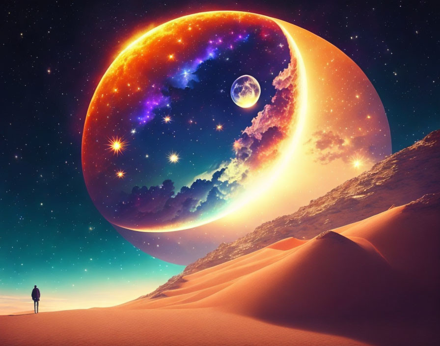 Person standing on desert dune under starry sky with massive planet and moon.