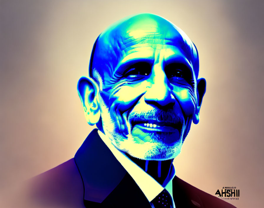 Smiling bald man with mustache in blue suit on gradient background