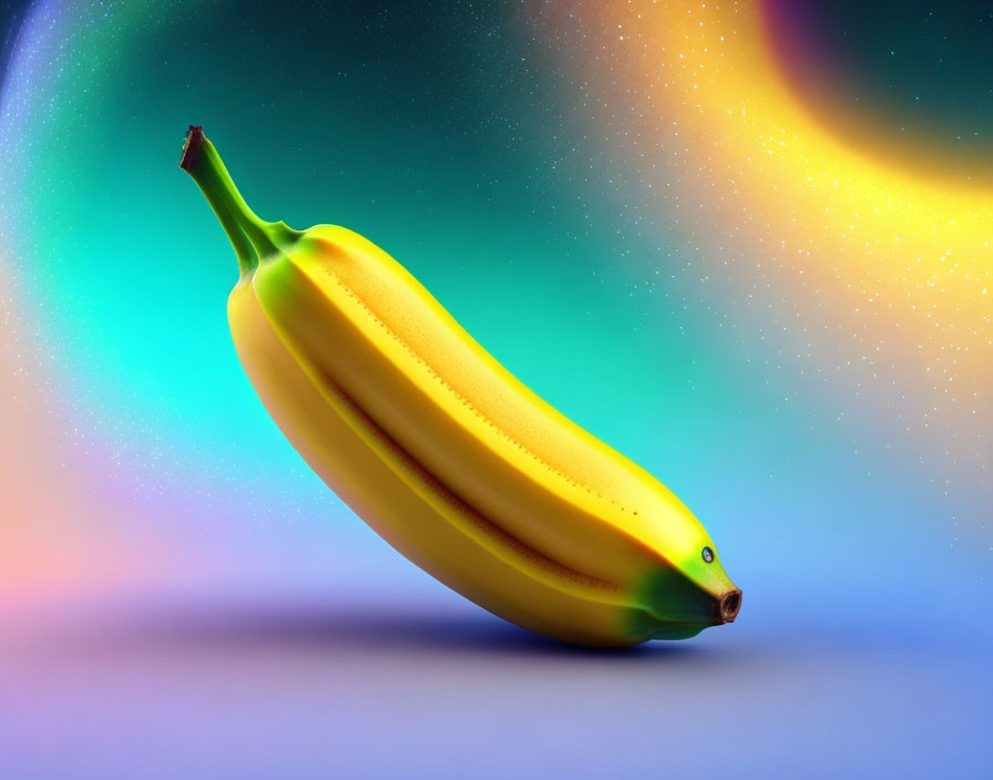 Ripe banana on vibrant swirling neon backdrop