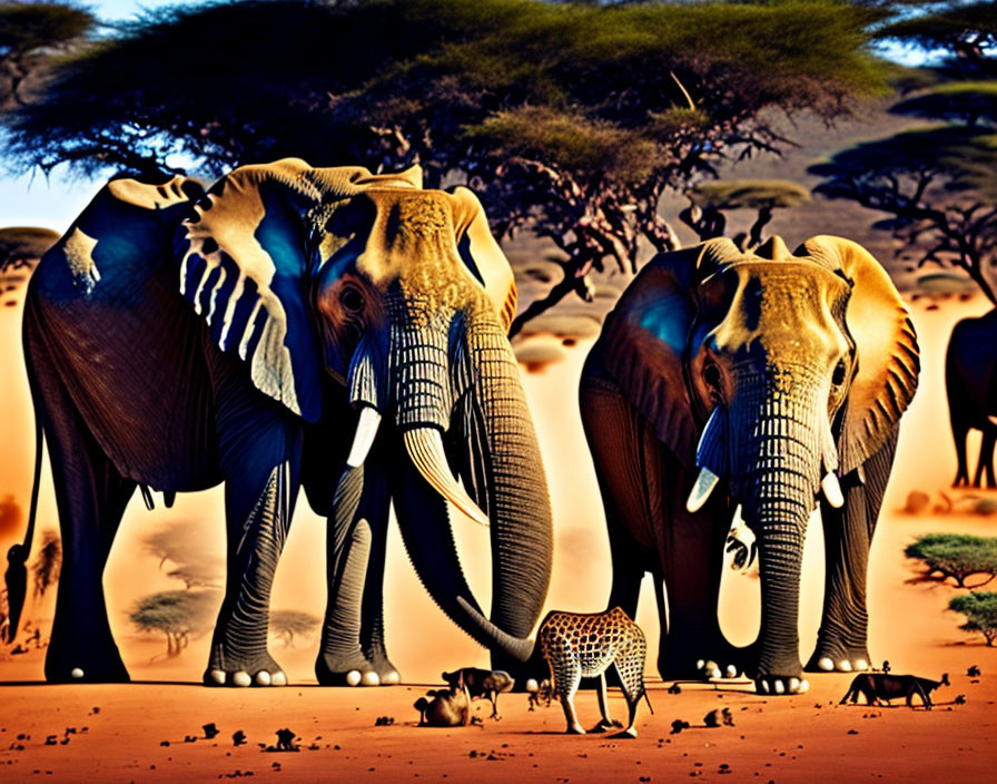 Three elephants, cheetah, meerkats in desert with acacia trees in vibrant colors