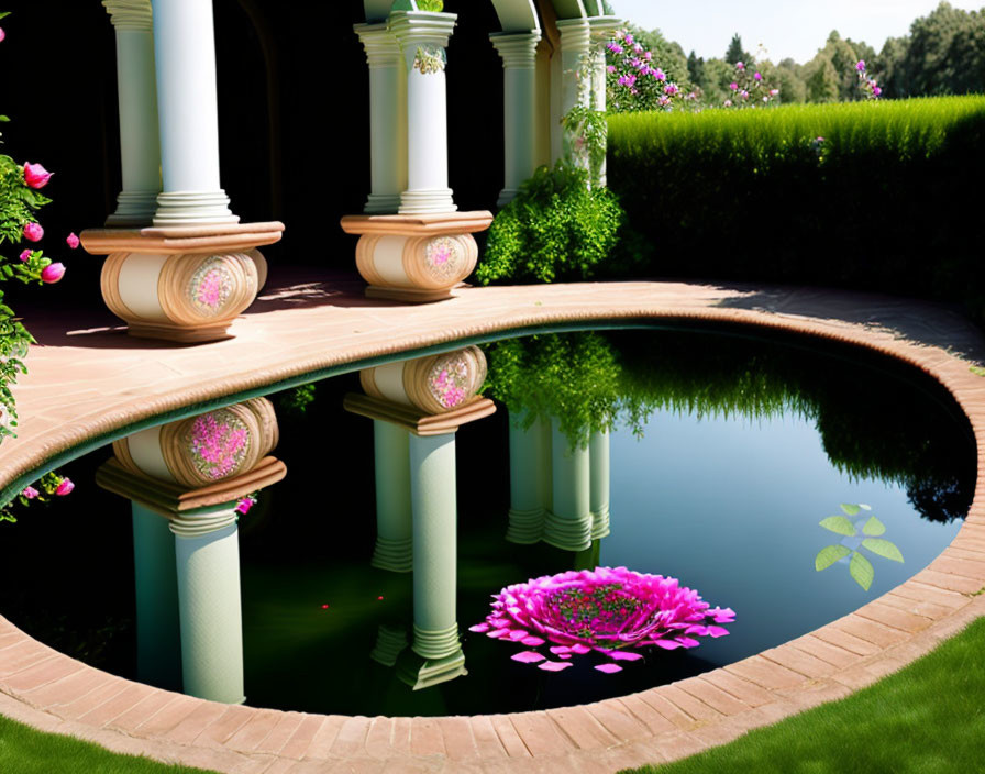 Traditional white pillars and pink water lily pond scene with manicured hedges.