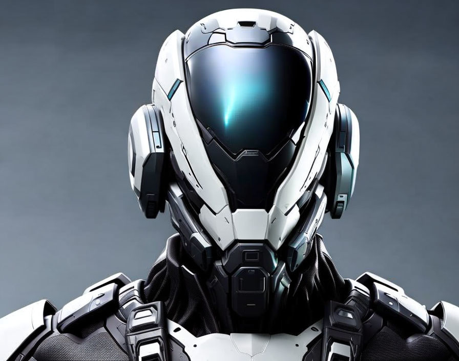 Futuristic White and Black Robotic Armor with Glowing Blue Visor