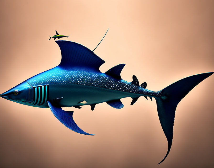 Vibrant blue stylized shark against warm-toned background