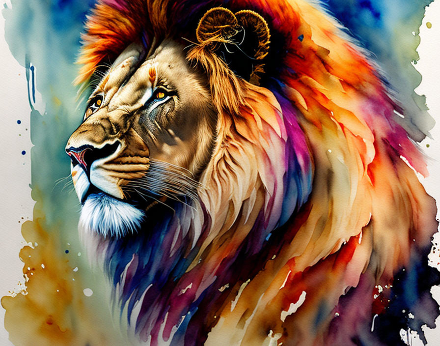 Colorful Lion Head Watercolor Painting with Vibrant Mane