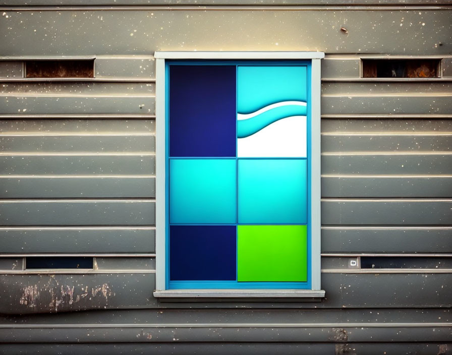 Microsoft Windows logo on window against weathered metal shutter