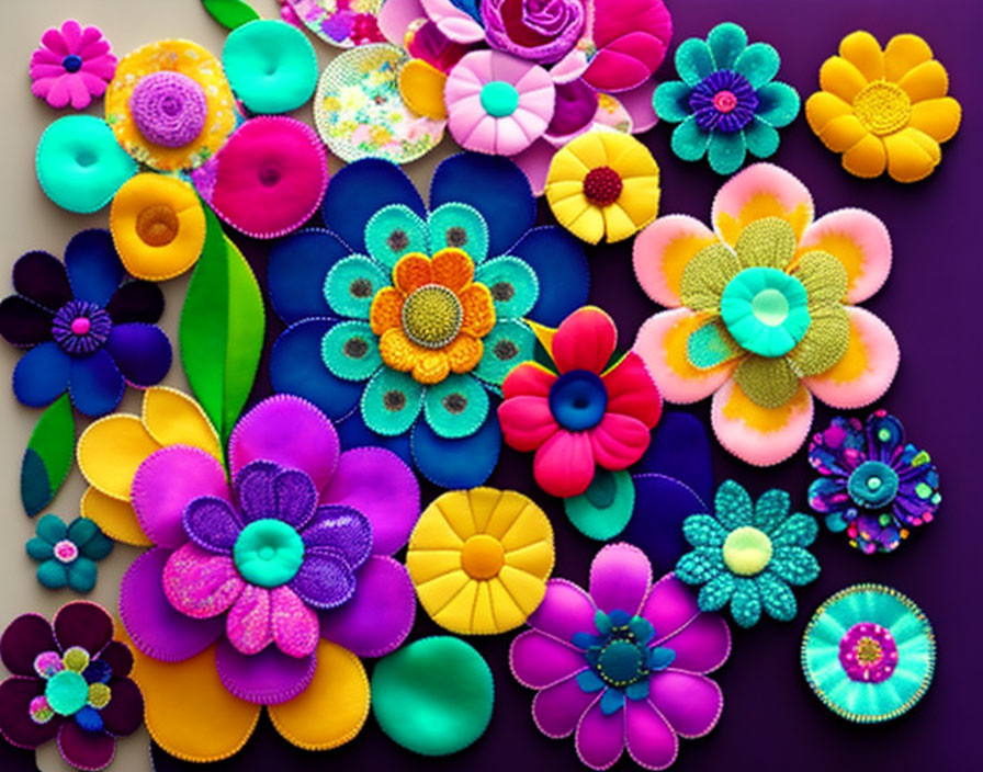 Colorful Handmade Fabric Flowers with Buttons and Beads on Dark Background