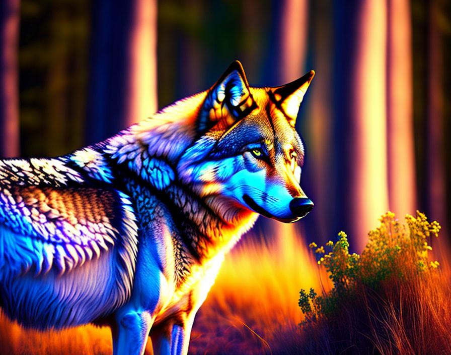 Colorful digital art: Wolf in vibrant fantasy forest