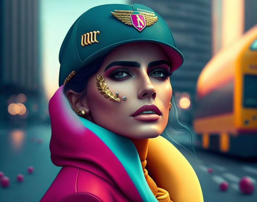 Vibrant makeup woman in military cap with colorful scarf against city backdrop