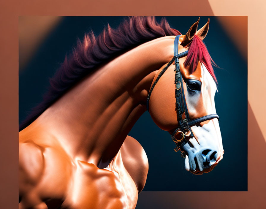 Majestic chestnut horse with dark mane in bridle on dual-tone backdrop