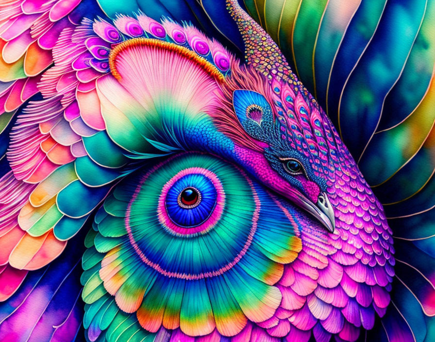 Colorful Peacock Illustration with Intricate Feather Details