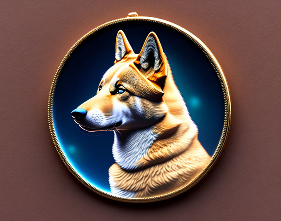 Stylized digital art portrait of Shiba Inu dog in golden oval frame