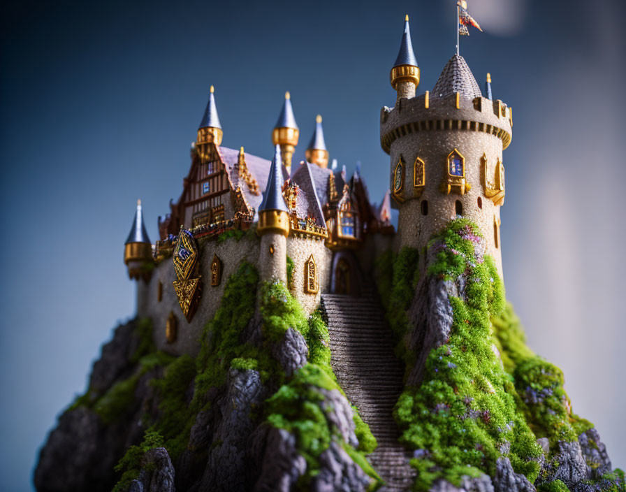 Detailed miniature fairy tale castle on moss-covered hill.