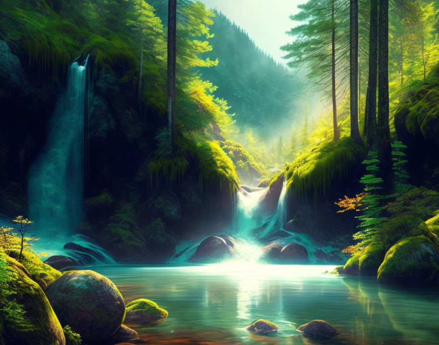 Tranquil waterfall in lush forest with sunlight rays