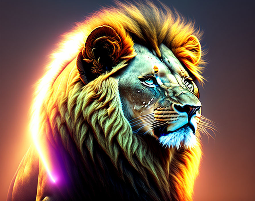 Colorful lion digital art with glowing mane and blue eyes on dark background