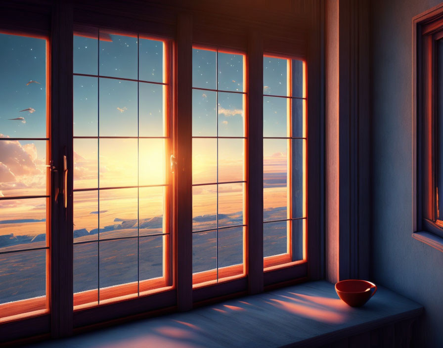 Sunset view through window with warm glow, red bowl on windowsill, birds flying outside