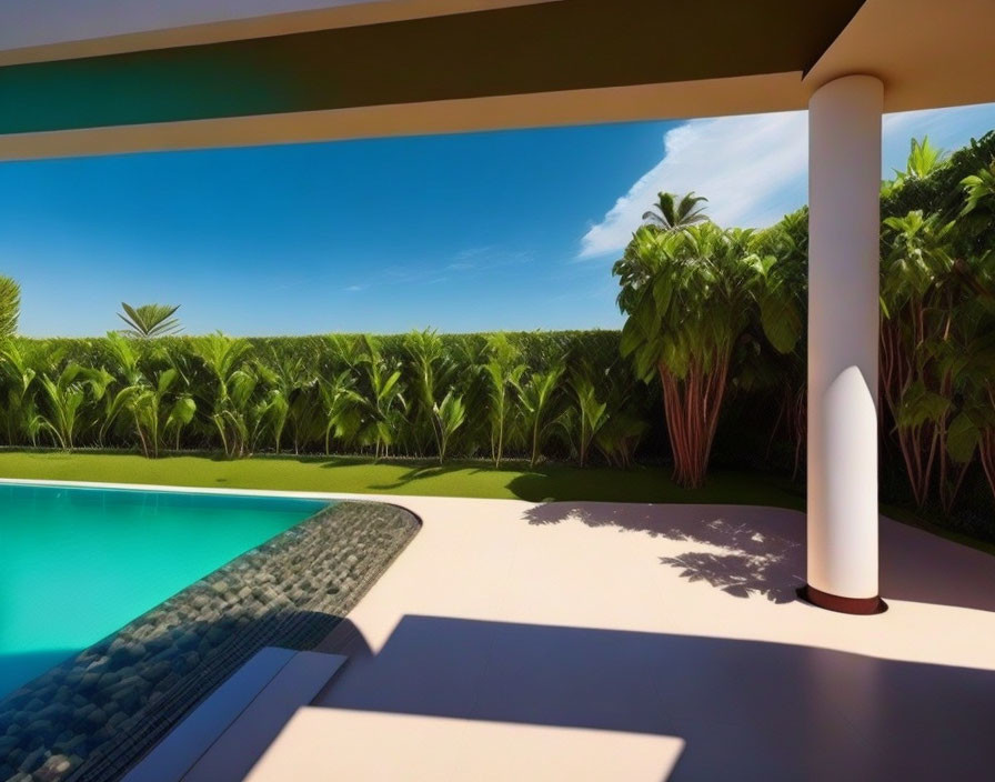 Tranquil poolside view from shaded veranda overlooking lush tropical garden