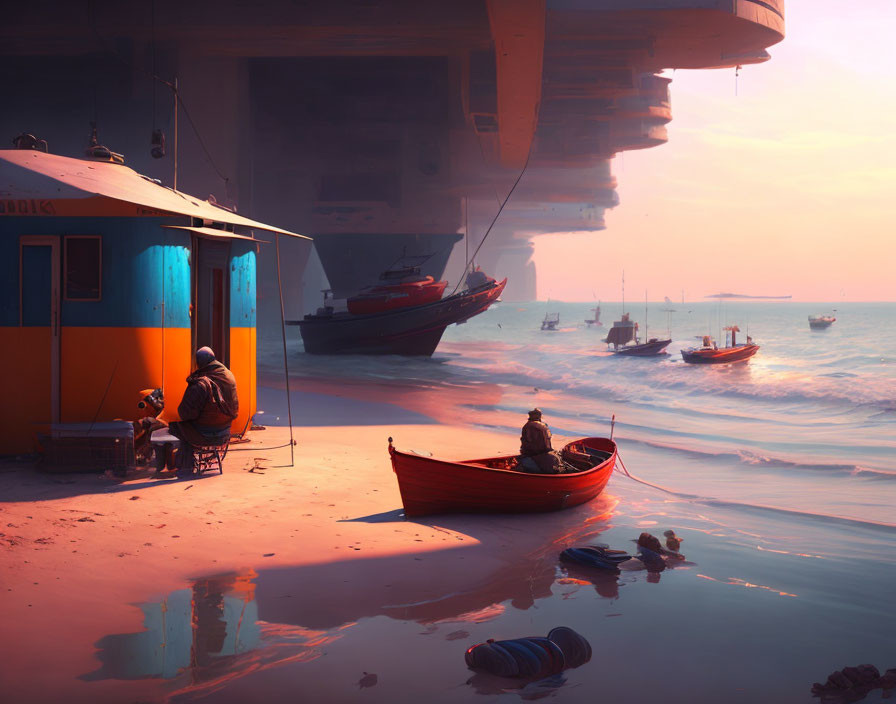 Tranquil beach scene with person, dog, colorful shack, boats, and futuristic structure